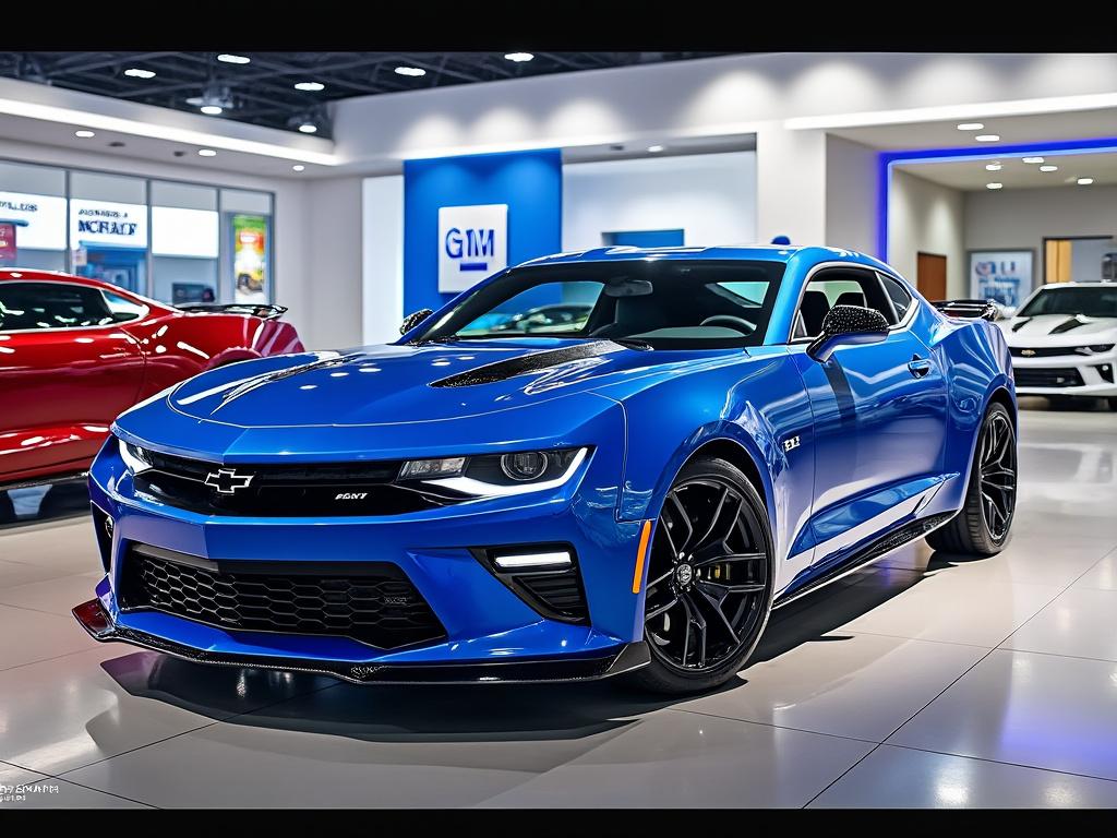 Coche deportivo azul en un concesionario, modelo Chevrolet, con diseño aerodinámico y llantas negras.