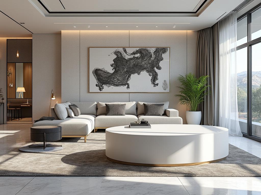 Sala de estar moderna con sofá gris, mesa de centro redonda blanca, obra de arte abstracto en la pared y planta verde junto a una gran ventana.