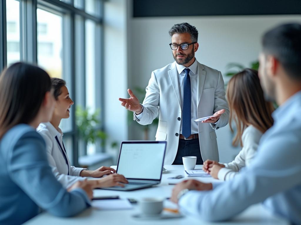 Hombre de negocios en traje claro presentando a un grupo de personas en una sala de reuniones moderna.