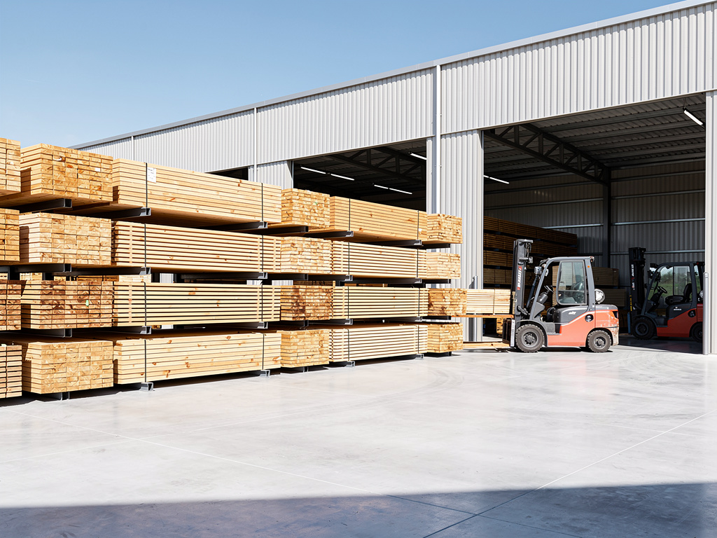 Carretilla elevadora transportando tablones de madera en almacén industrial de materiales de construcción