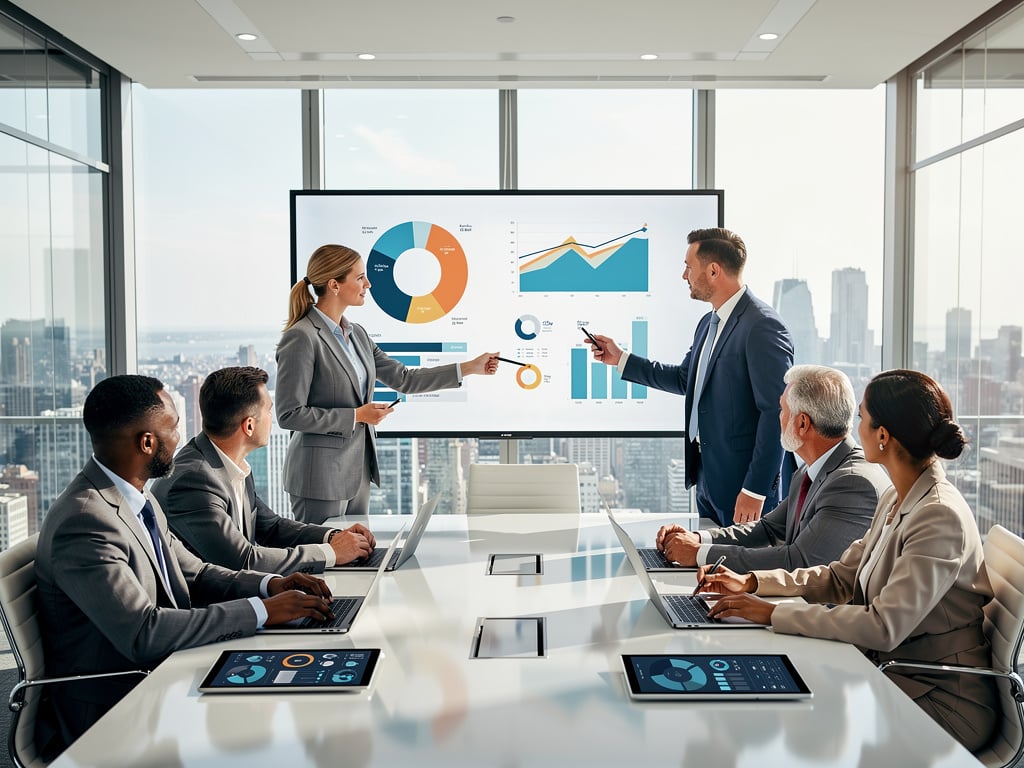Business team reviewing data analytics charts on a presentation screen in a modern conference room