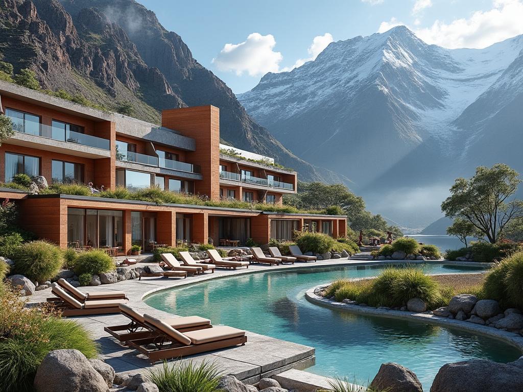 Resort moderno con piscina en un entorno montañoso, rodeado de vegetación y montañas nevadas.