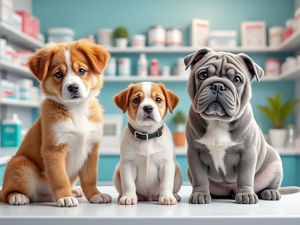 Tres cachorros sentados en una mesa en una clínica veterinaria, con estanterías y productos de fondo.