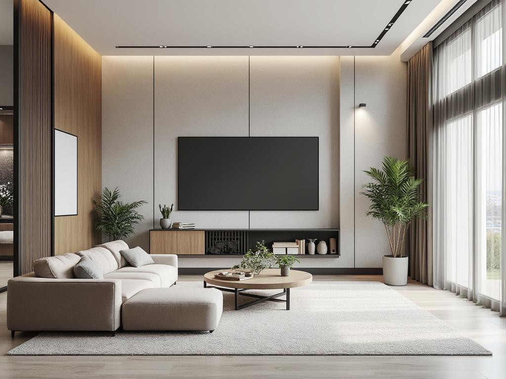 Sala de estar moderna con sofá beige, mesa de centro redonda, plantas decorativas y gran ventana que deja entrar luz natural.