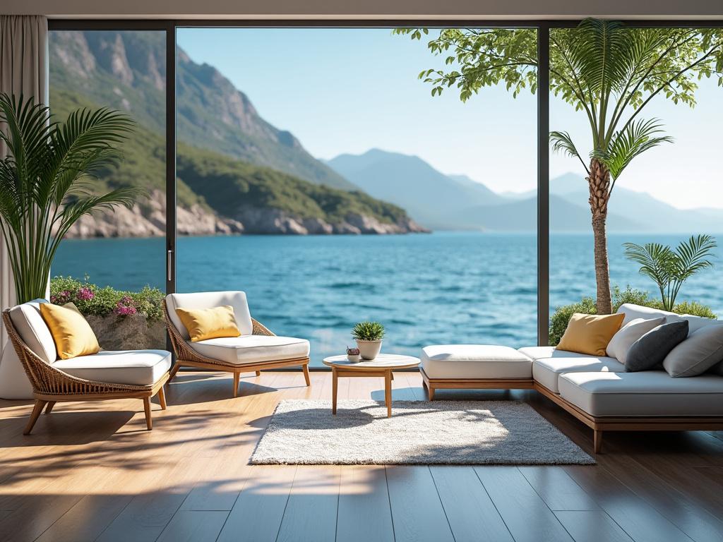 Modern living room with wicker furniture and large windows overlooking a tranquil seascape and mountains.