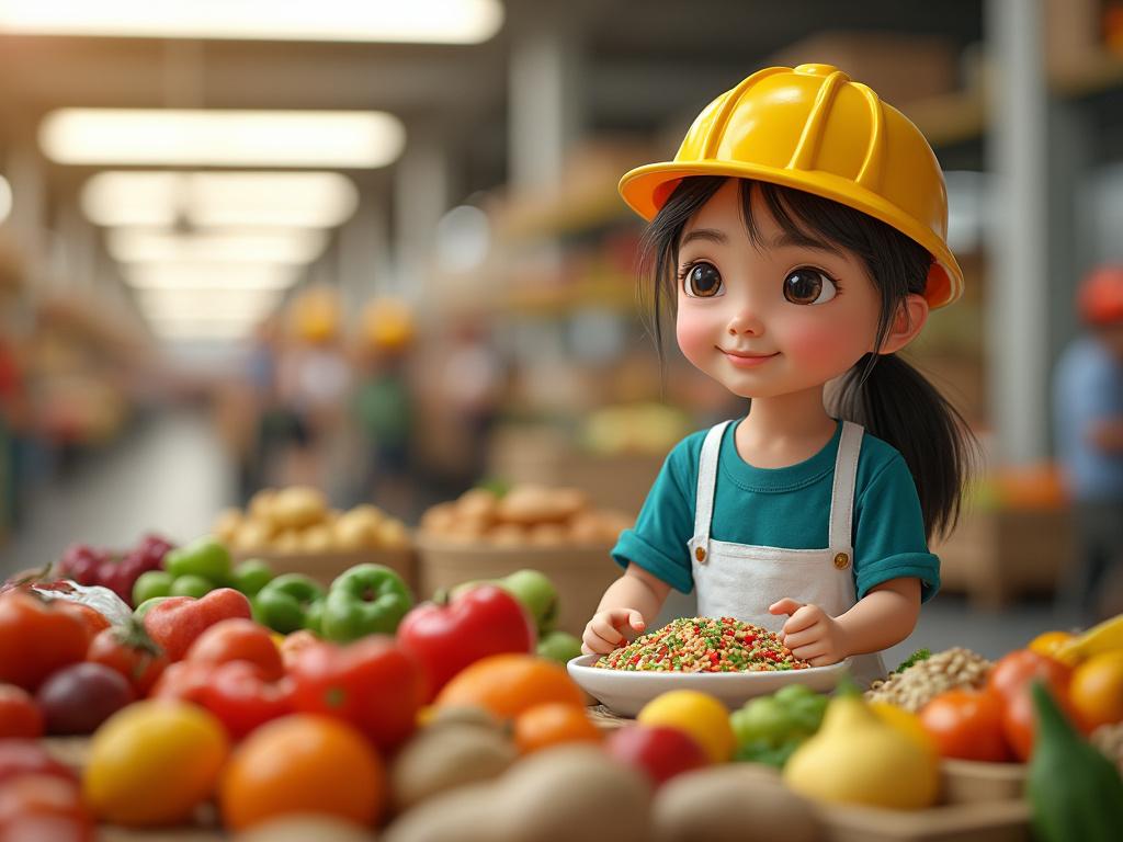 Niña con casco amarillo mirando una bandeja de ensalada en un mercado de frutas y verduras.