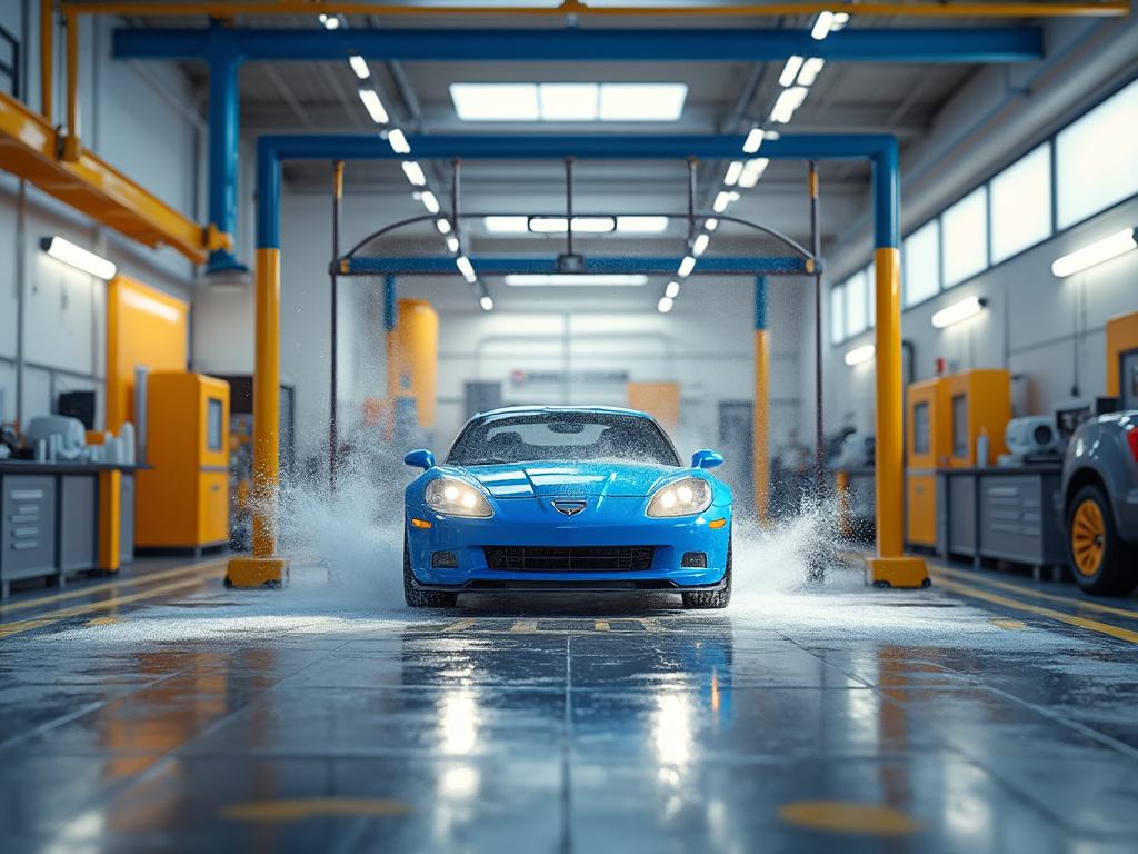 Blue sports car driving through automated car wash with water splashing in a modern garage.