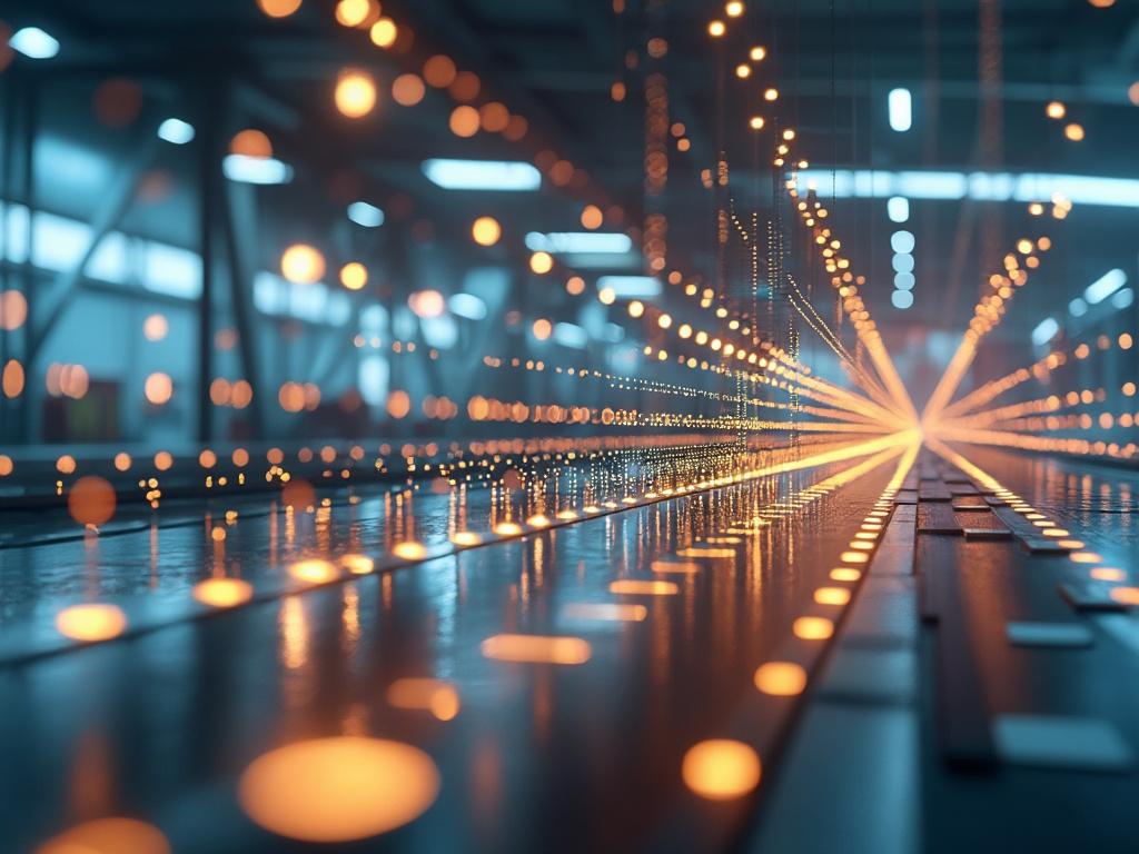 Interior futurista con luces anaranjadas reflejadas en una superficie metálica, creando un efecto de profundidad.