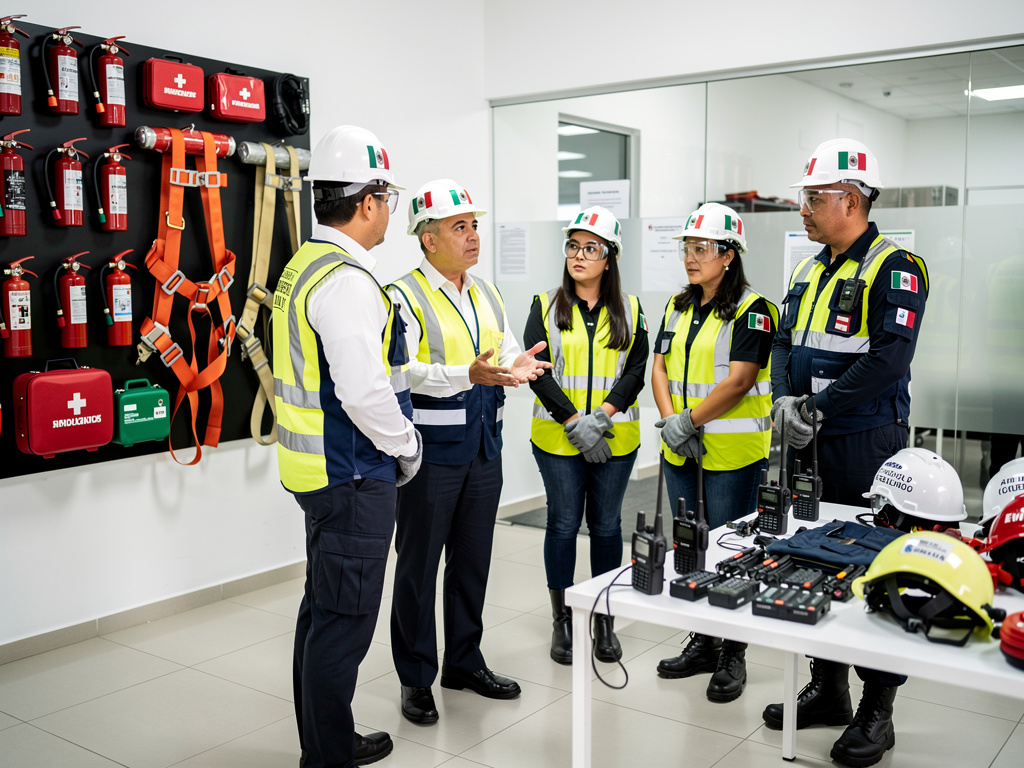 Equipo de seguridad industrial con cascos y chalecos revisa extintores, arneses, botiquines y radios de comunicación