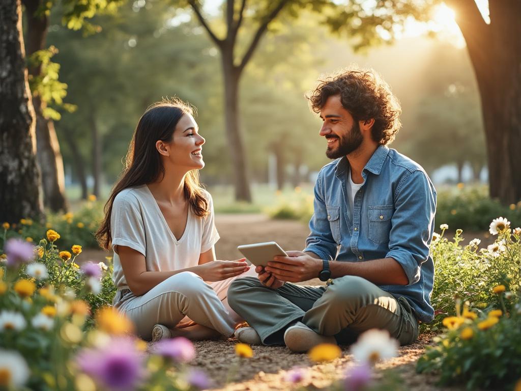 A smiling couple sitting on a path in a park surrounded by colorful flowers, enjoying a sunny day. A smiling couple sitting on a path in a park surrounded by colorful flowers, enjoying a sunny day.