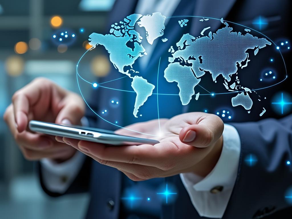 Mano sosteniendo un teléfono inteligente con un holograma del mapa mundial, simbolizando la tecnología global y la comunicación digital.
