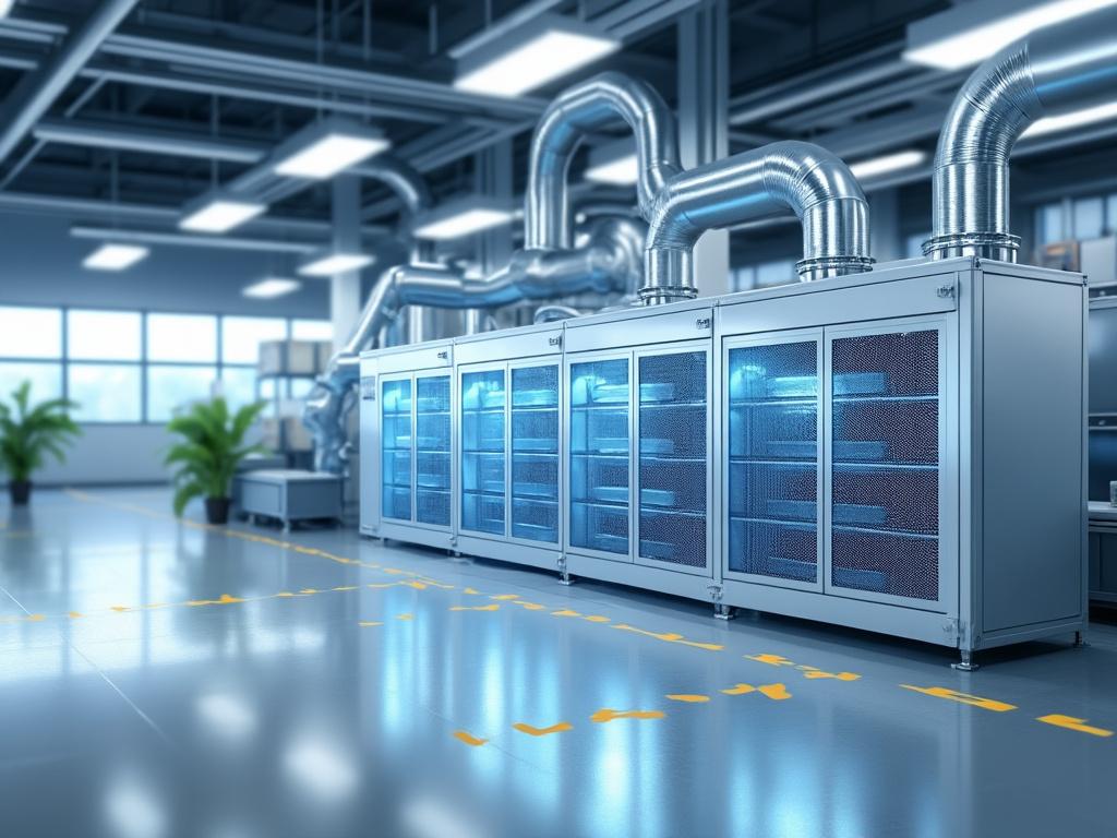 Interior de centro de datos moderno con gabinetes iluminados y conductos de ventilación.