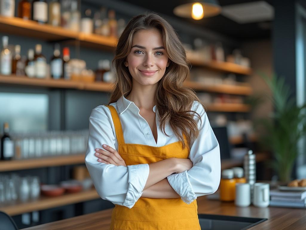 Mujer sonriendo con delantal amarillo en una cocina moderna.