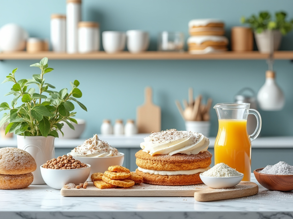 Mesa con pastel de crema, jugo de naranja, ingredientes para hornear y planta en maceta sobre fondo de cocina.