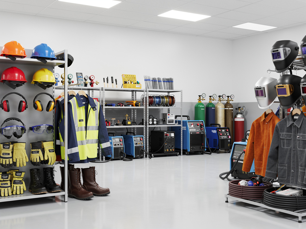 Tienda de equipos de soldadura y seguridad industrial con cascos, guantes, chaquetas, máquinas soldadoras y cilindros de gas