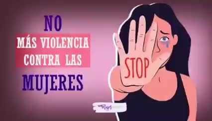 Ilustración de una mujer con la mano levantada mostrando el mensaje 'STOP', acompañada del texto 'No más violencia contra las mujeres'.