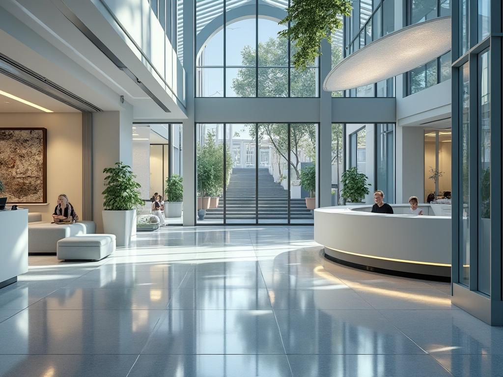 Vestíbulo moderno con techo acristalado, plantas, recepción circular y escaleras al fondo.