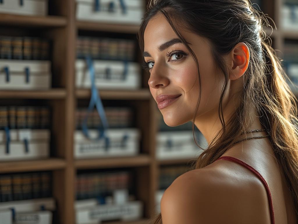 Mujer joven sonriendo en una biblioteca con estanterías llenas de libros encuadernados.