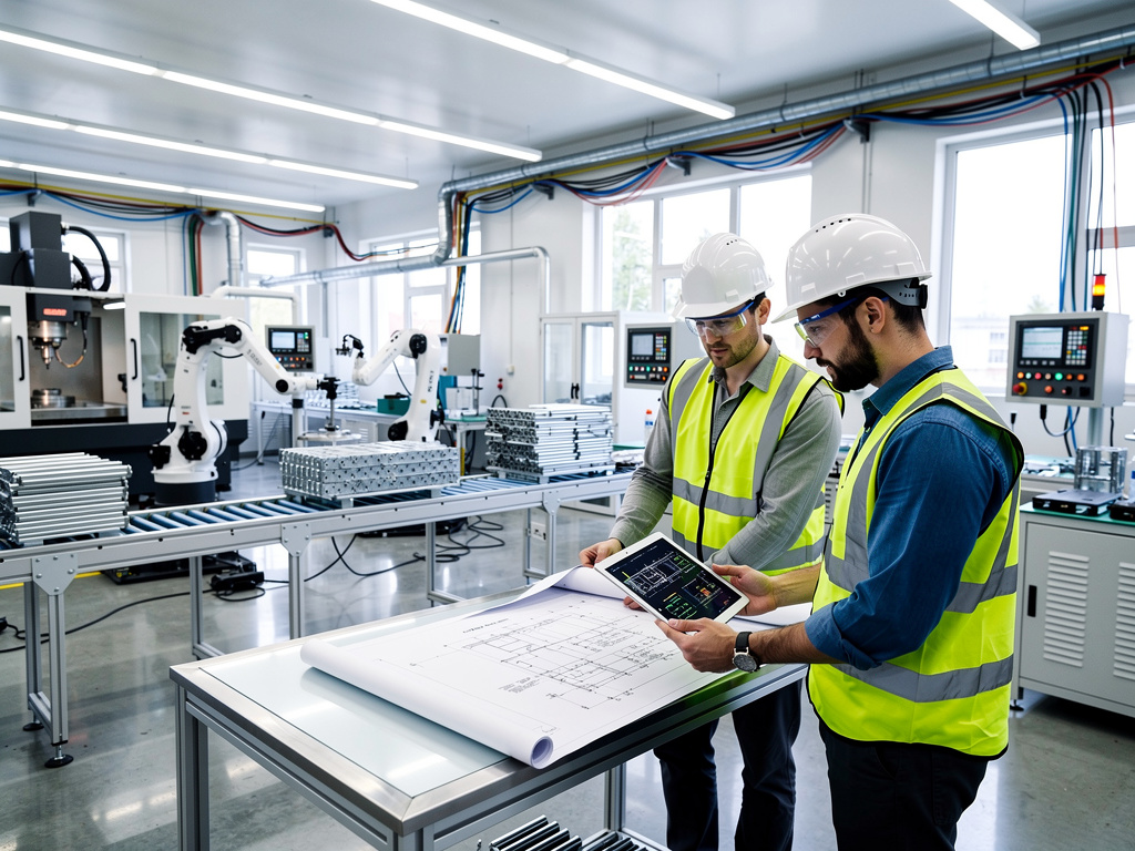 Ingenieros con cascos revisan planos y tablet en fábrica automatizada con robots industriales y línea de producción