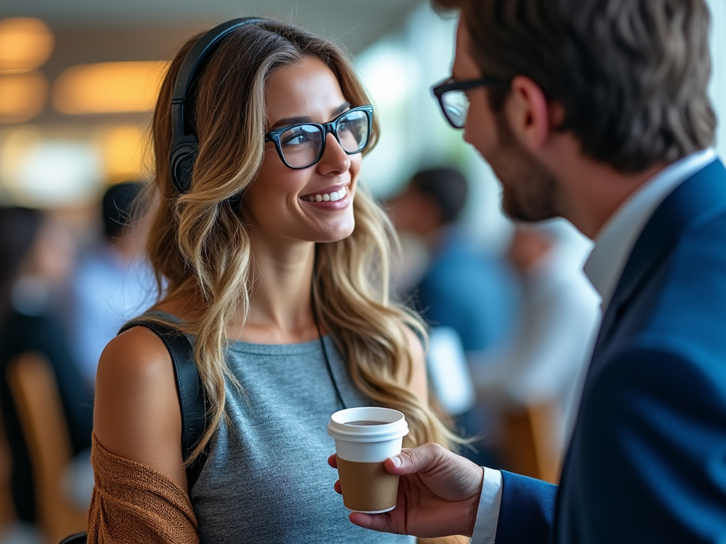 Smiling woman in glasses and headphones talking to a man holding a coffee cup in a busy office environment.