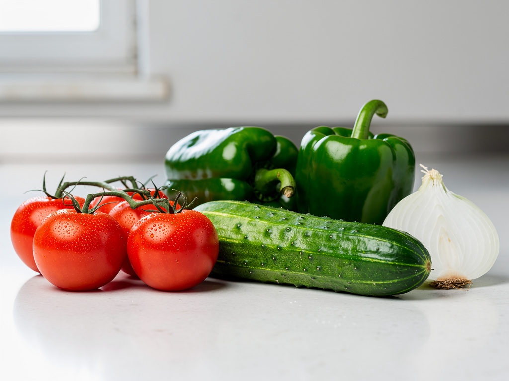 Verduras frescas en encimera: tomates rojos, pepino, pimientos verdes y cebolla blanca