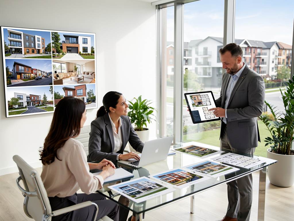 Agente inmobiliario presenta planos y propiedades a clientes en una oficina moderna con imágenes de viviendas