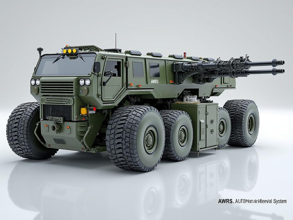 Futuristic military all-terrain vehicle with large tires and mounted artillery system.