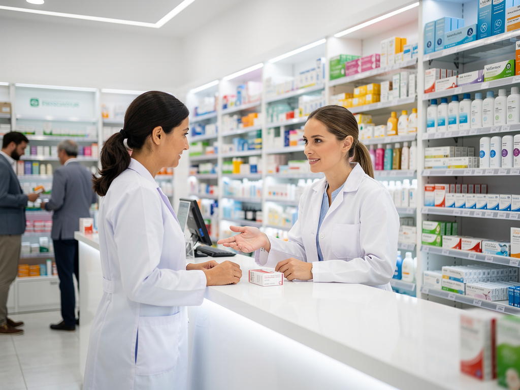 Farmacéuticas atendiendo a una clienta en una farmacia moderna con estanterías de medicamentos
