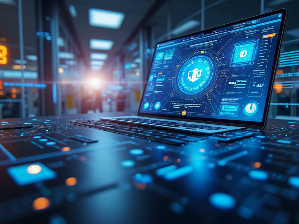 Portátil con interfaz digital de ciberseguridad y análisis de datos en un entorno tecnológico futurista
