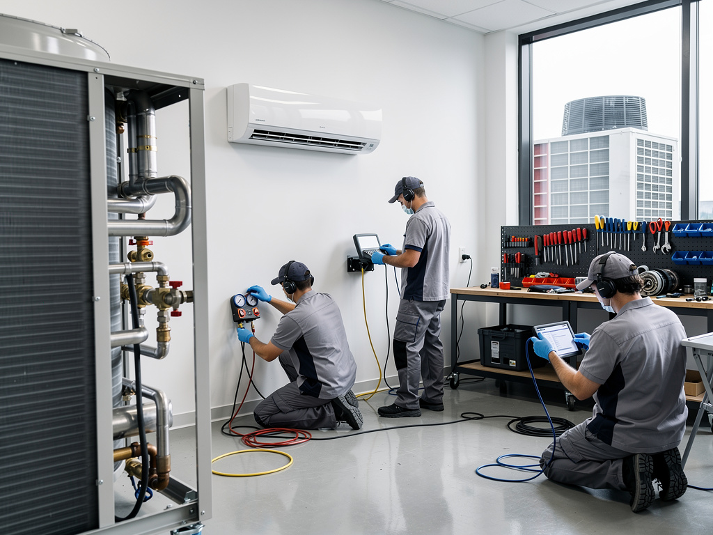 Técnicos HVAC realizando mantenimiento y diagnóstico de aire acondicionado en sala técnica con herramientas y equipos de climatización Técnicos HVAC realizando mantenimiento y diagnóstico de aire acondicionado en sala técnica con herramientas y equipos de climatización