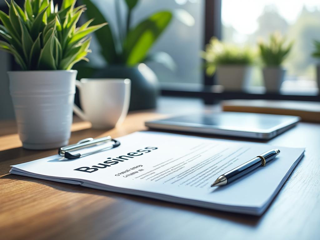 Close-up of business document on clipboard with pen, surrounded by plants and a tablet in a sunlit office setting. Close-up of business document on clipboard with pen, surrounded by plants and a tablet in a sunlit office setting.