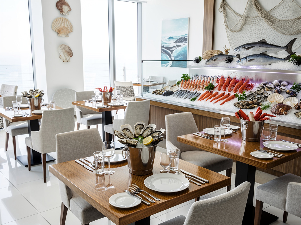 Restaurante de mariscos elegante con exhibición de pescado fresco, langosta, ostras y mesas preparadas frente al mar