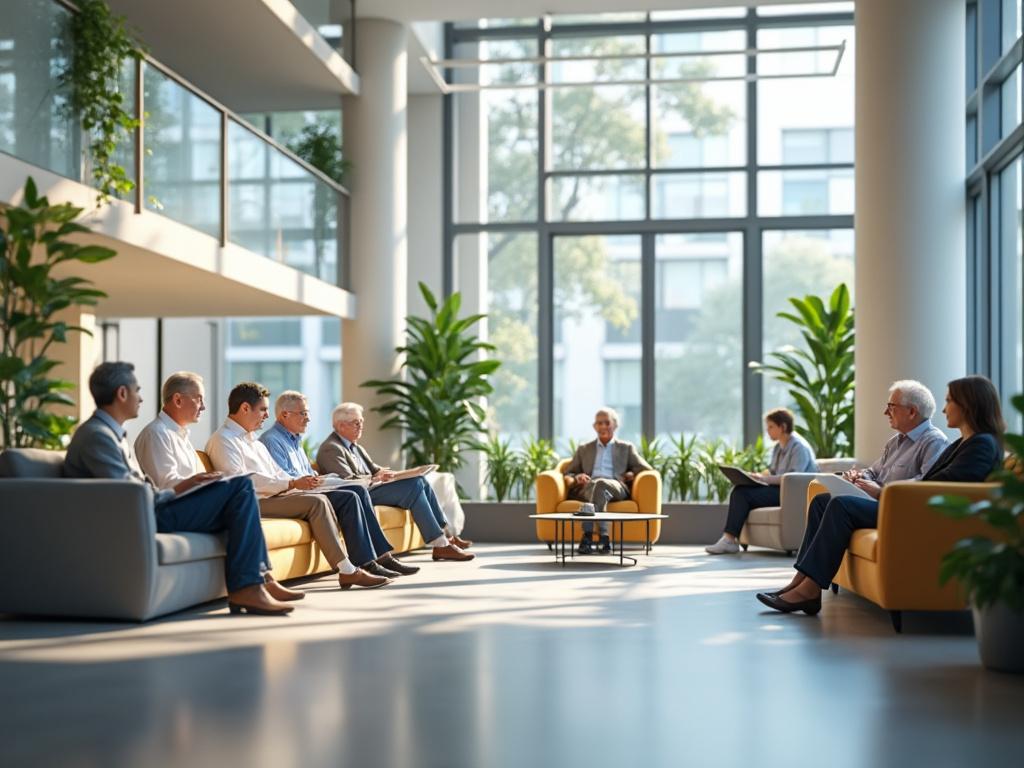 Personas sentadas en una moderna sala de espera, rodeadas de plantas y luz natural.