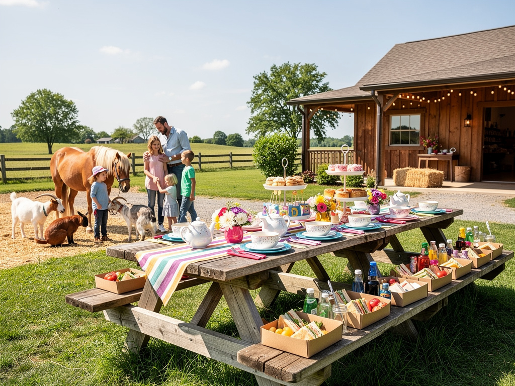 Family farm picnic with tea party table, lunch boxes, children, horse, goats, and rustic barn in countryside