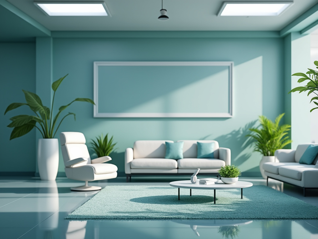 Sala de estar moderna con paredes de color verde menta, sofás blancos, plantas decorativas y mesa de centro con alfombra azul clara.