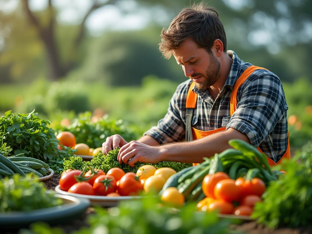 Hombre cosechando verduras frescas en un huerto, rodeado de tomates, pepinos y vegetales de hoja verde.