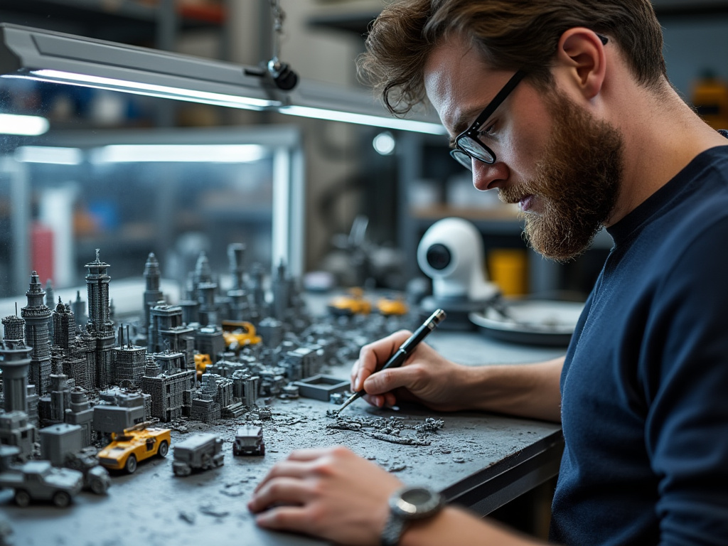 Person meticulously crafting a detailed miniature cityscape with model vehicles and buildings under a bright light in a workshop setting.