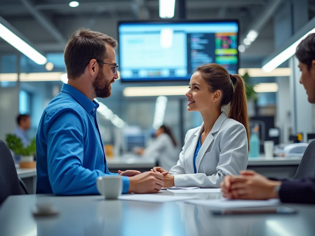 Professional meeting in a modern office with colleagues discussing at a desk, large screen displaying data in the background.