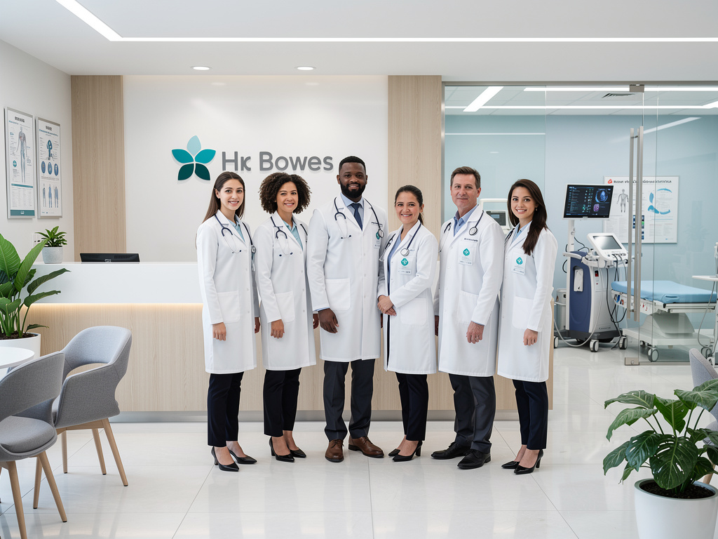 Equipo médico con batas blancas en clínica moderna Hk Bowes junto a recepción y sala de consulta