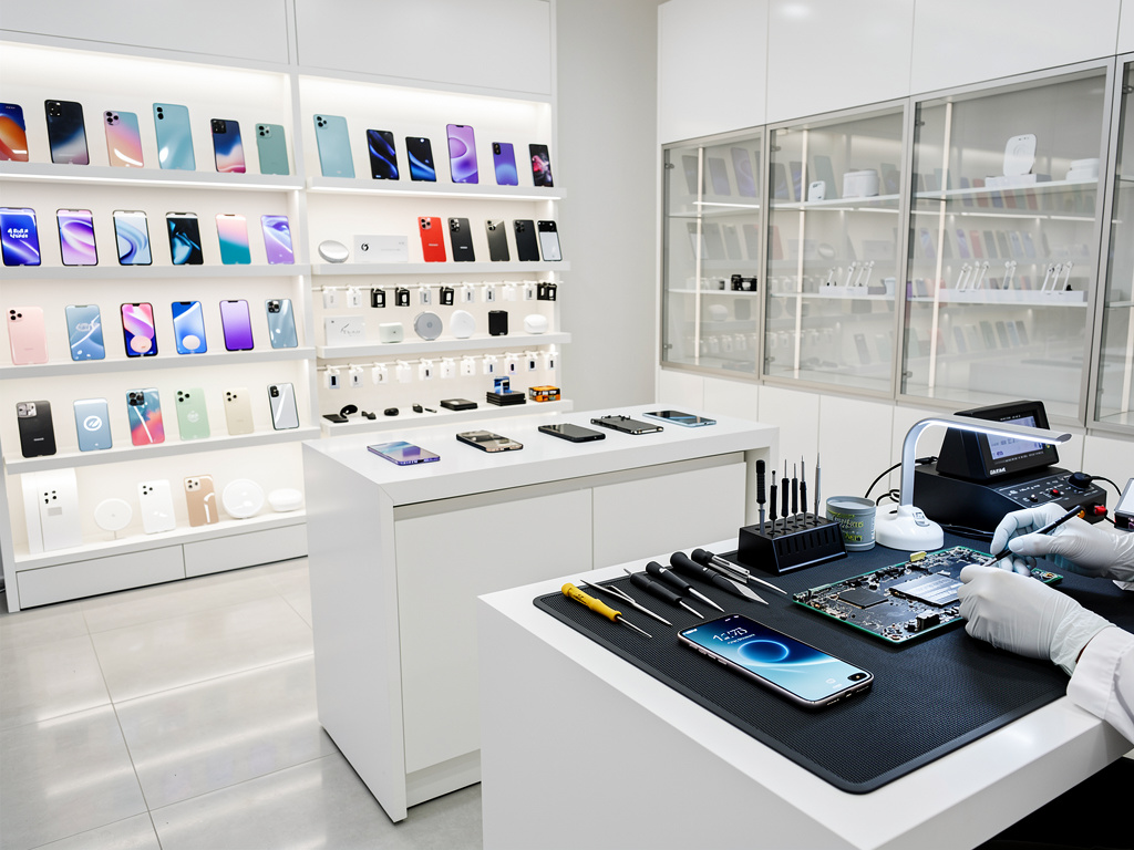 Tienda de reparación de teléfonos móviles con vitrinas de smartphones, accesorios y técnico reparando una placa base en mesa de trabajo