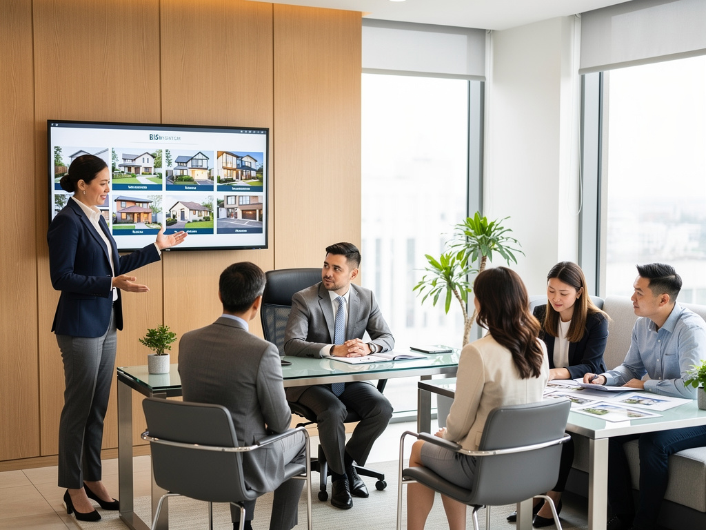 Agente inmobiliaria presenta propiedades en pantalla durante reunión con clientes en oficina moderna