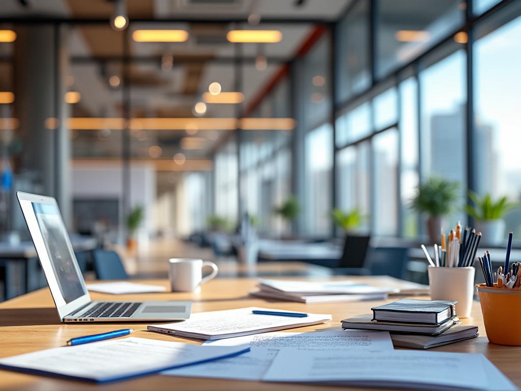Oficina moderna con laptop, papeles y material de oficina sobre un escritorio, ventanales y plantas en el fondo.