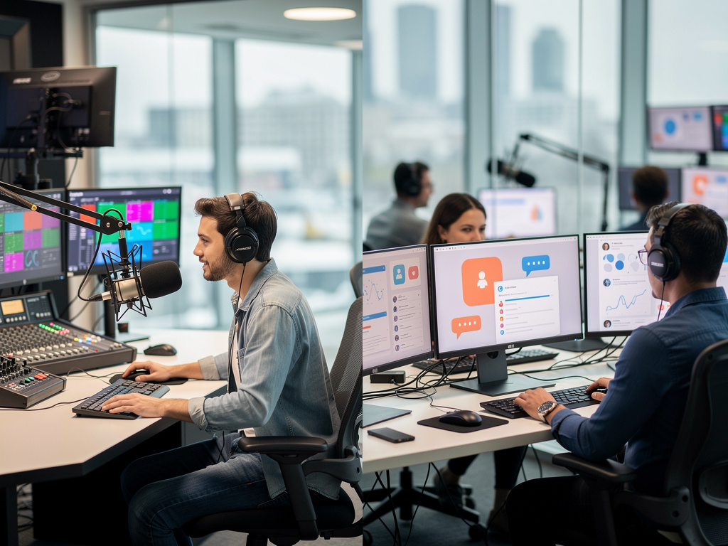 Equipo en oficina moderna gestionando podcast, redes sociales y análisis digital con micrófonos, auriculares y múltiples monitores
