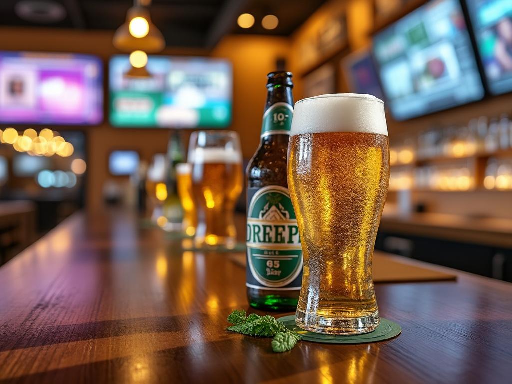 Cerveza rubia espumosa en copa sobre barra de bar con botella de fondo y pantallas iluminadas.
