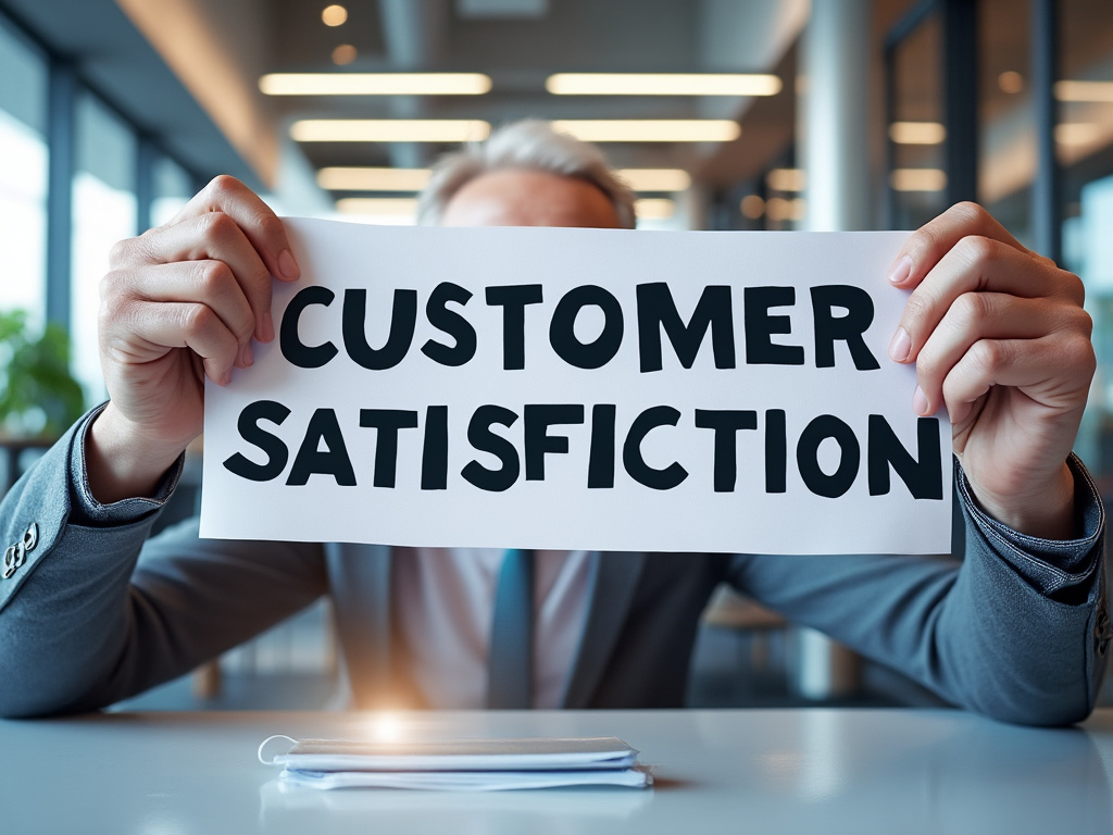 Businessman holding a sign with misspelled 'Customer Satisfaction' in an office environment.