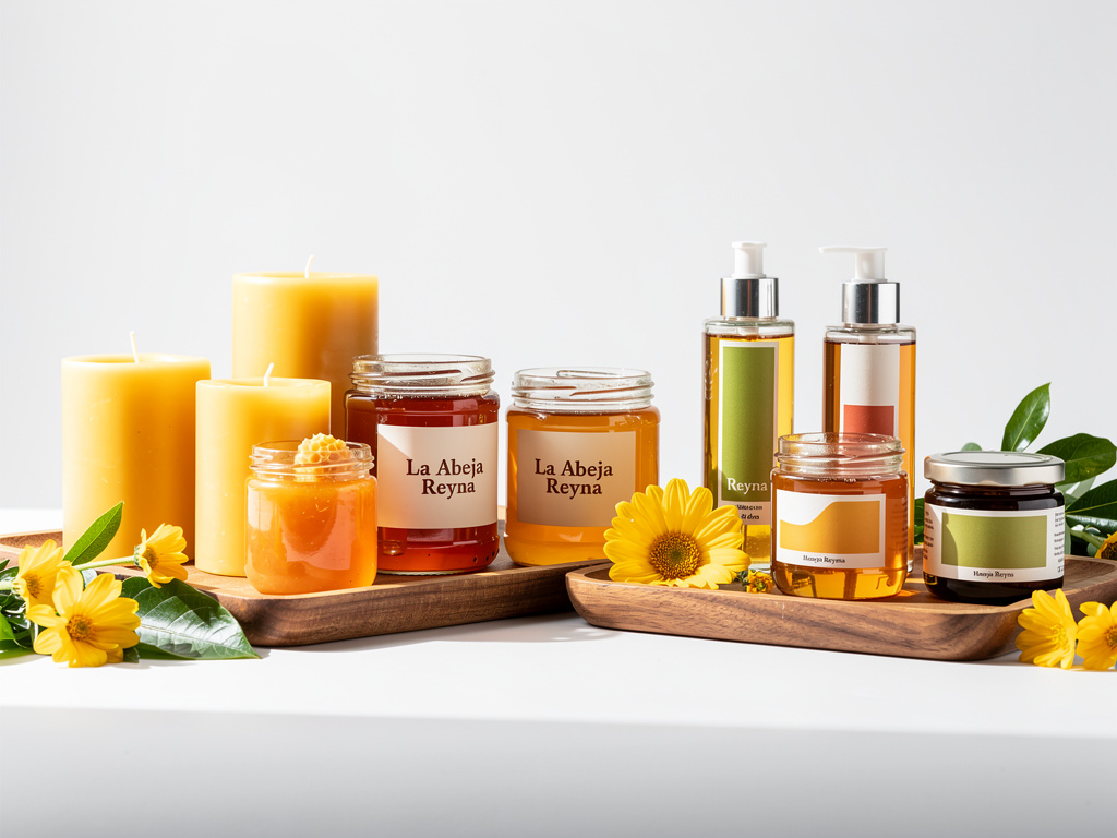 Productos naturales de miel La Abeja Reyna con velas, frascos, dispensadores y flores amarillas sobre bandejas de madera