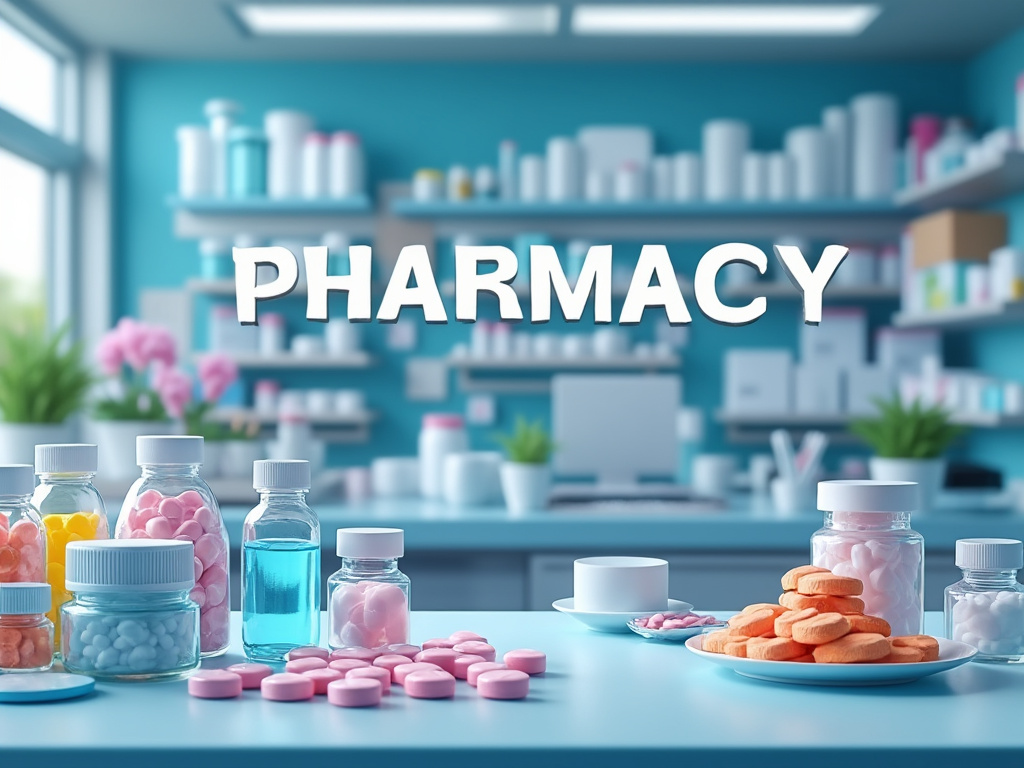 Interior de una farmacia con frascos de medicamentos y pastillas sobre un mostrador, fondo desenfocado con estantes.