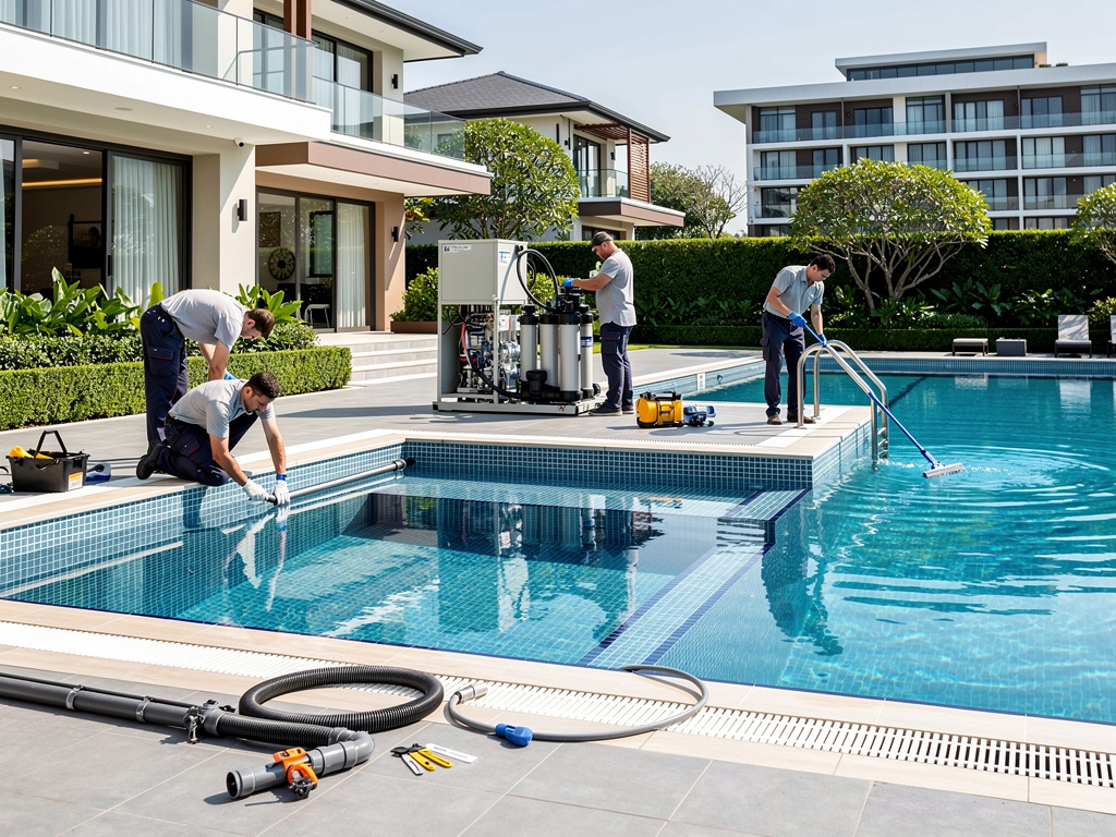 Técnicos realizando mantenimiento y limpieza de piscina residencial moderna con equipos de filtración