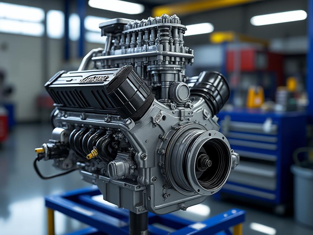 Motor de automóvil V8 de alto rendimiento en un taller mecánico. Motor de automóvil V8 de alto rendimiento en un taller mecánico.