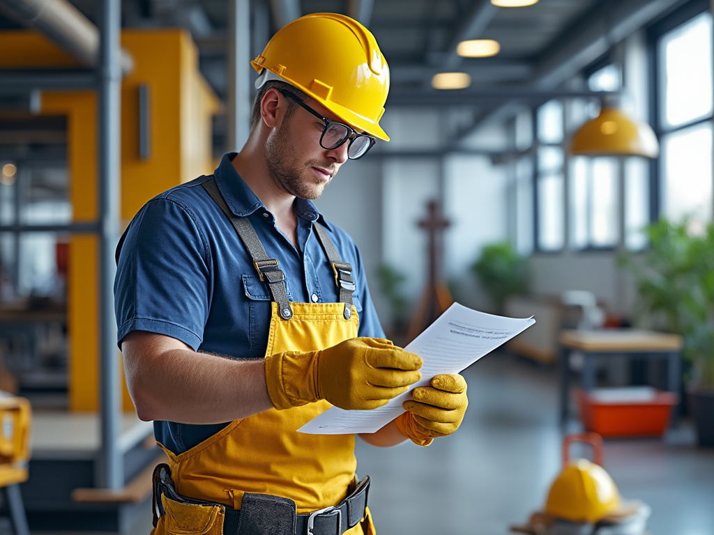 Trabajador de la construcción con casco amarillo leyendo documentos en un taller moderno. Trabajador de la construcción con casco amarillo leyendo documentos en un taller moderno.